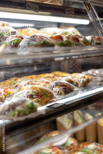 Refrigerated display with assorted pre-packaged sandwiches, wraps, and snacks wrapped in plastic, offering a fresh and ready-to-go meal option for customers.