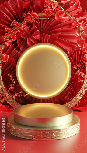 Lunar New Year, Chinese red background mock up podium stage, happy new year gold lunar luxury stand pedestal, modern maroo display background, ad, podium platform, product presentation space