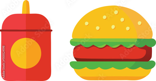 A vibrant vector illustration of a classic hamburger with lettuce and sesame bun paired with a red ketchup bottle. Perfect for fast food branding, menu designs, and food-related creative projects.
