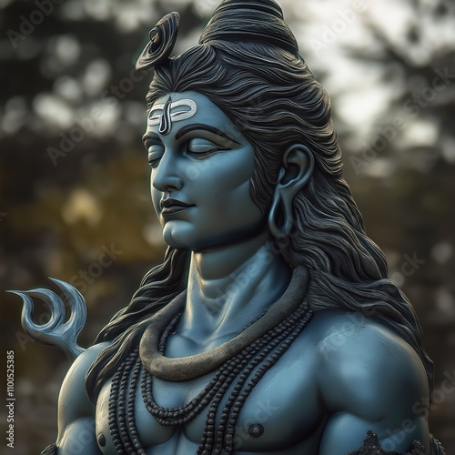 Lord Shiva statue serene face. Detailed carving shows spiritual figure. Artistic rendering of Hindu deity. Spiritual art. Religious iconography. Peaceful god. Indian culture. Beautiful sculpture. photo