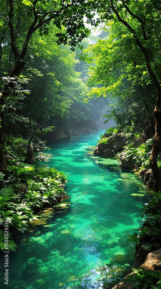 Fototapeta premium Emerald waters flow gently through the forest, natural scenery, gentle stream