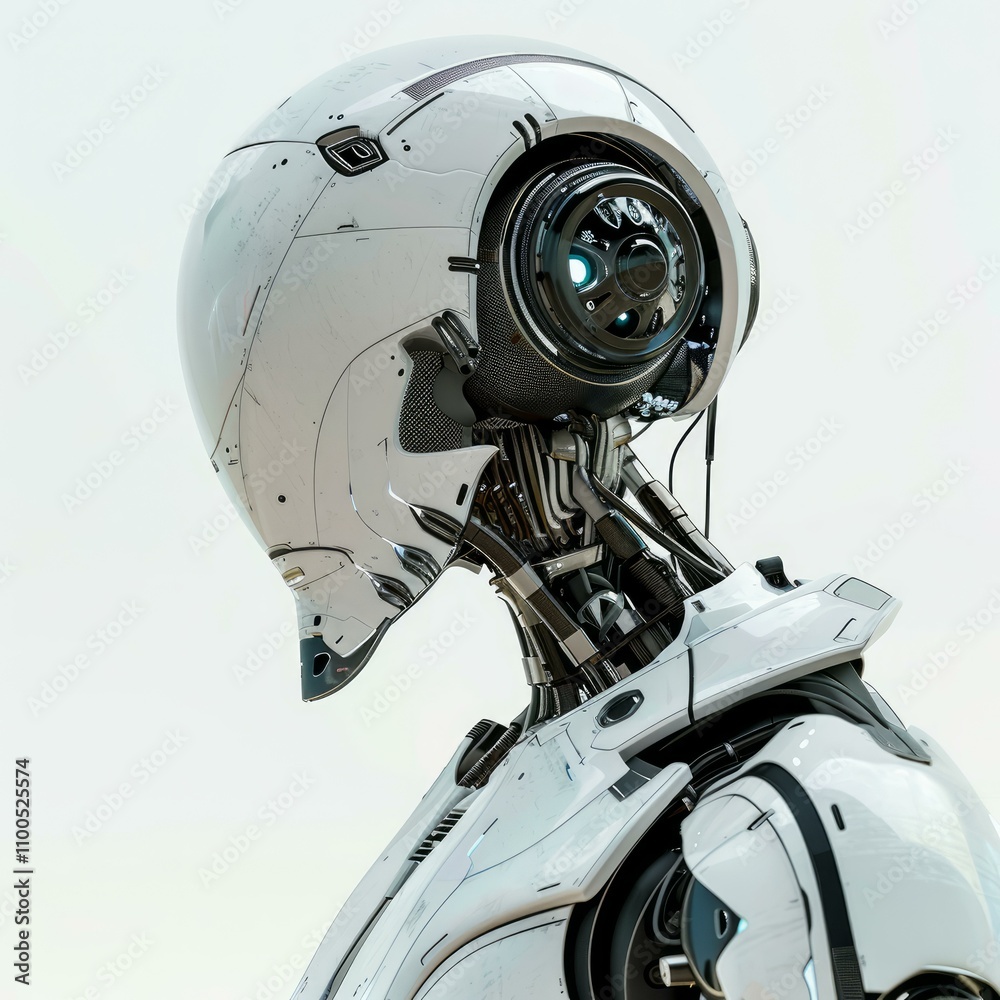Futuristic female robot with exposed back cables is looking down Futuristic female robot with exposed back cables is looking down