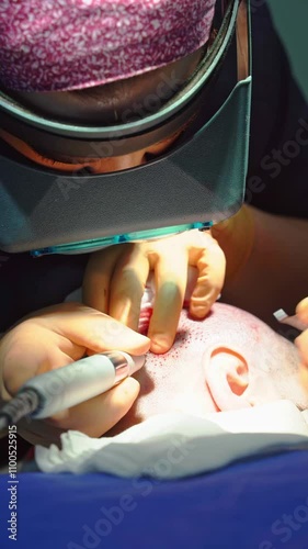 Surgeon performing hair transplant procedure with precision tools