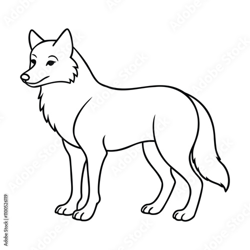 Black and white line art of a standing wolf with a calm expression, Simple, clean design.