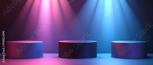 Three cylindrical podiums or platforms illuminated by spotlights creating a dramatic gradient from pink to blue, set against a dark background. Generative AI.