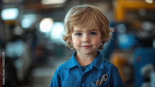 Wallpaper Mural Cute young boy wearing a blue mechanic uniform standing in workshop with tools in pocket, smiling child portrait, future engineer, playful learning, industrial setting. Torontodigital.ca