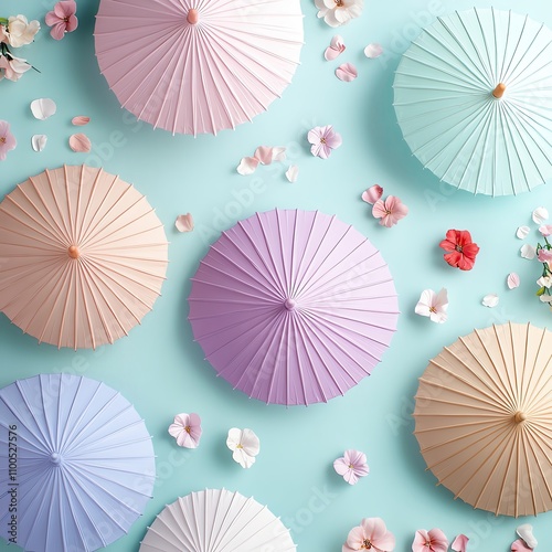 Pastel background showcasing claystyle umbrellas in pastel hues, paired with scattered light floral elements photo