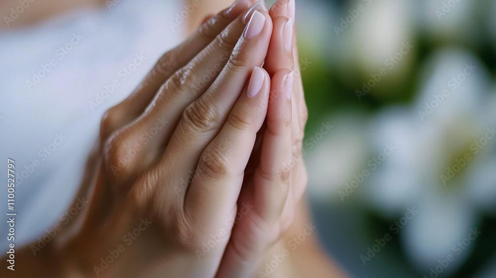 Fototapeta premium Hands Clasped Together in Greeting Pose with Soft Blurred Background