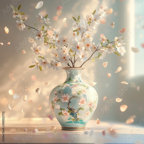 Pastel background with a 3D rendered floral vase adorned with spring blossoms, surrounded by floating petals and soft golden light. photo