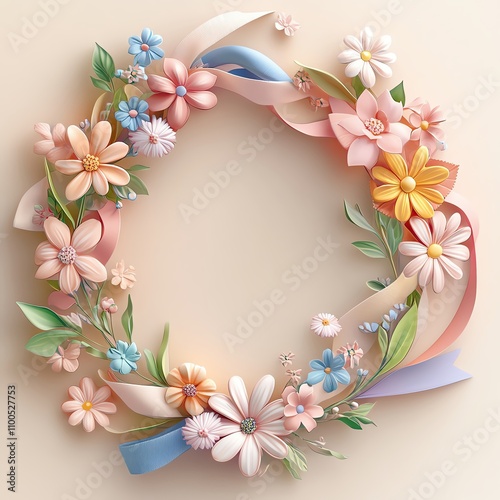 Pastel background with claystyle floral wreaths interwoven with ribbons, creating a springtime festival feel photo