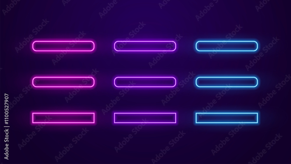 Obraz premium Glowing neon colors buttons set. Action button bright frames. Vector illustration