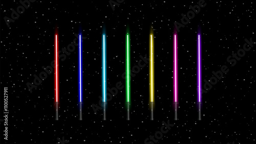 Light swords neon set. Light sabers isolated on stars background. Vector illustration