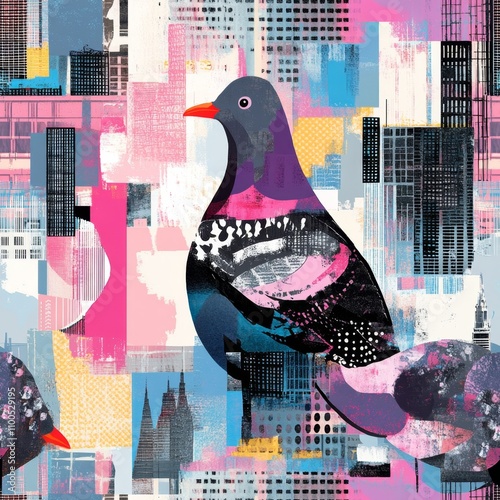 Colorful Pigeon in a Vibrant Cityscape photo