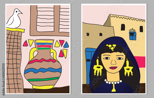 Woman from upper Egypt , Egyptian house, creative freehand composition in contemporary abstract style with colorful geometric elements. Tempura design for print, canvas, poster