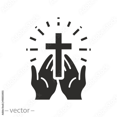 prayer christian, hands with cross icon, pray symbol, religion logo, flat vector illustration