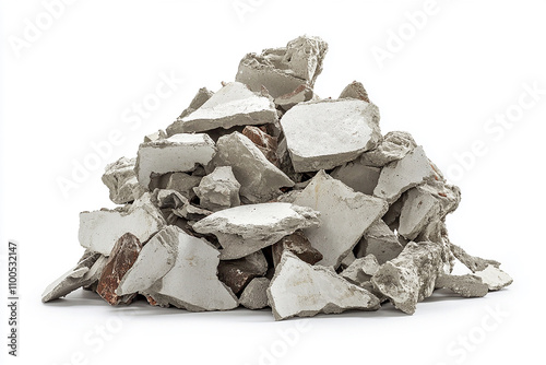 Construction waste in the form of a pile of concrete fragments on white background