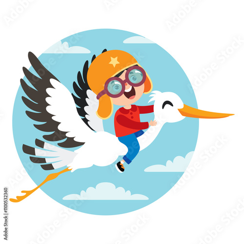 Funny Cartoon Kid Riding Stork photo