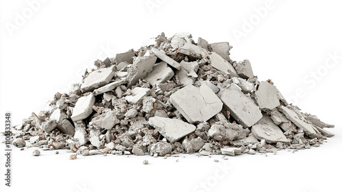 Construction waste in the form of a pile of concrete fragments on white background