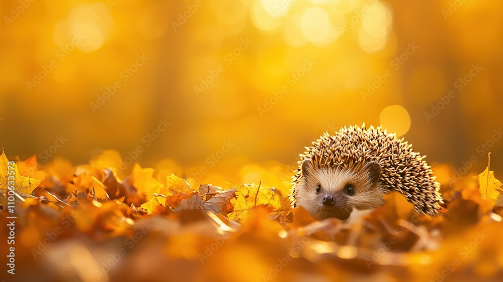 Fototapeta premium In a sun-dappled field surrounded by trees, a hedgehog basks amidst a blanket of golden leaves