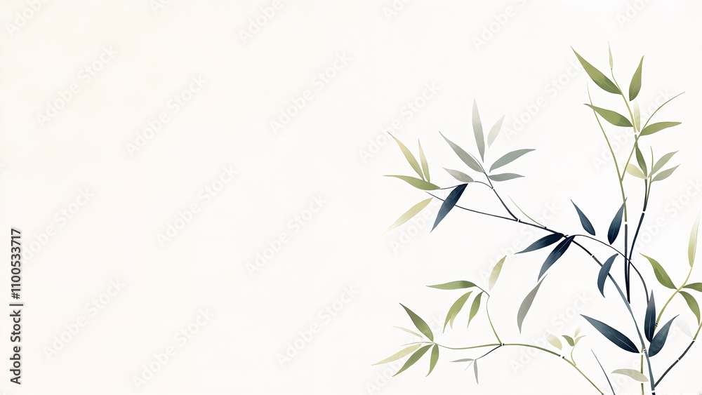 Fototapeta premium Minimalist botanical background with green bamboo leaves on a light surface with copy space