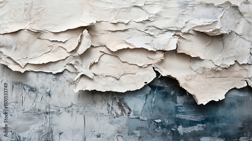 Closeup of Cracked and Peeling White Paint on a Blue Wall photo