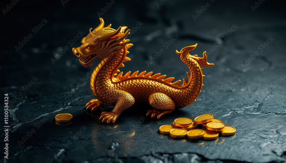Fototapeta premium Golden Dragon Figurine with Coins on Black Background
