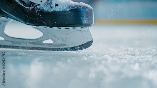 A detailed view of a hockey skate blade with a focus on the metal edge and ice shavings, indoor setting on an ice rink, Sharp style
