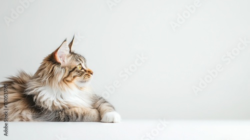   A long-haired cat perched atop a table beside a white wall, gazing askance