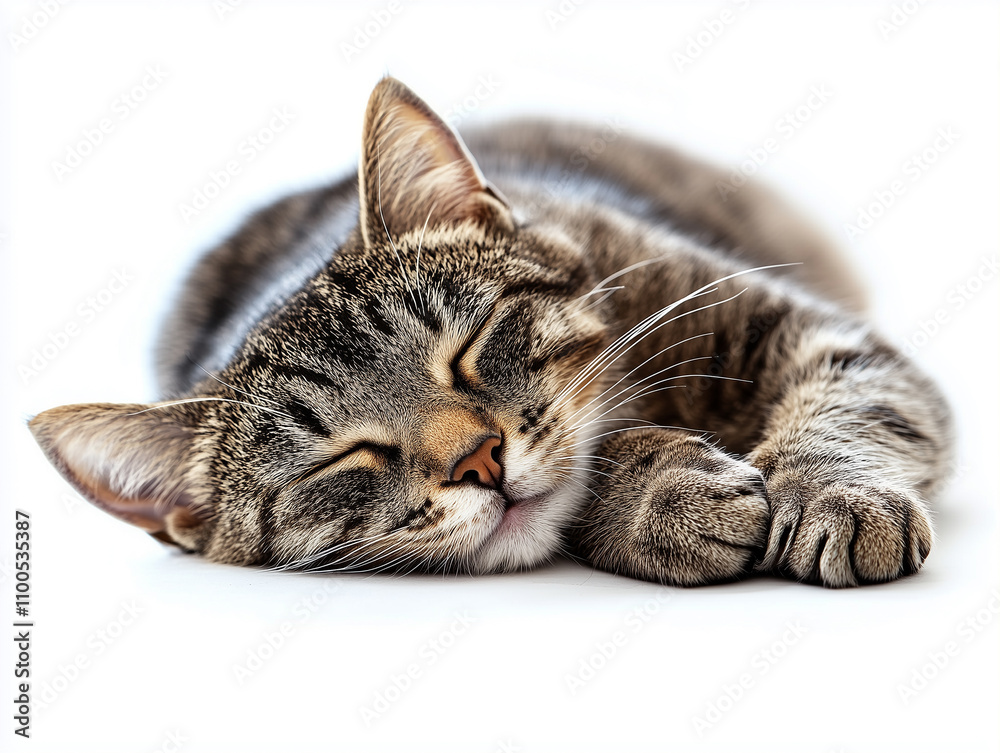 Fototapeta premium Relaxed tabby cat sleeping peacefully on a white surface in a cozy indoor setting during the daytime
