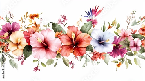 Vibrant Tropical Floral Watercolor Abstract Art Design with Hibiscus and Bougainvillea