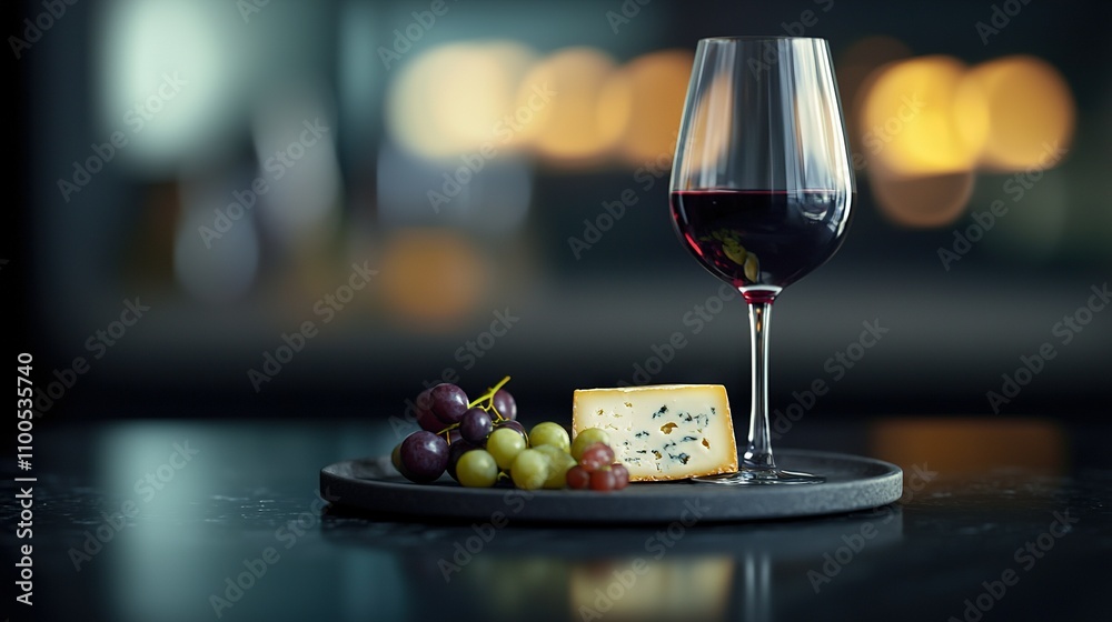 Naklejka premium Close-up of plate with glass, wine, and cheese
