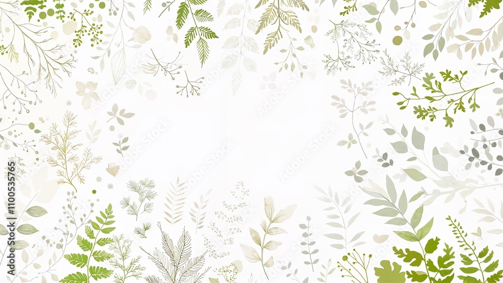 Fototapeta premium Lush botanical background with various green leaves and plants on a light surface with copy space
