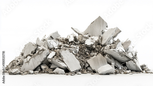 Construction waste in the form of a pile of concrete fragments on white background