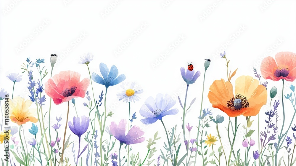 Fototapeta premium A painting of a ladybug atop a flower amidst a field of blossoms