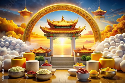 3D White and Yellow Cylinder Podium Background for Chinese Vegetarian Festival with Arch Scene and Cloud, Highlighting Nine Emperor Gods Promotion and Meat-Free Message photo