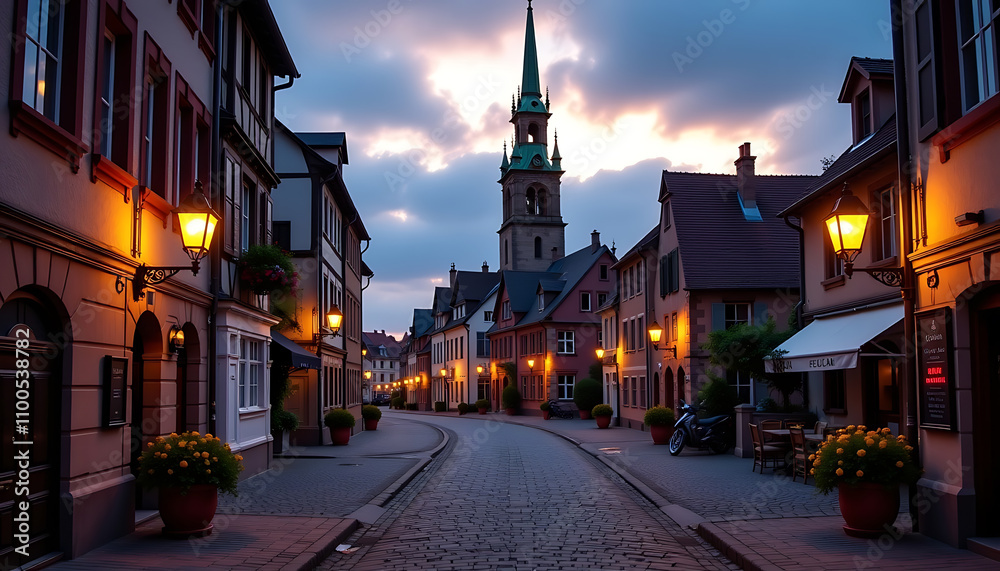 Fototapeta premium Romantic twilight cobblestone street warm orange, cool purple fairytale, peaceful, evening charming town