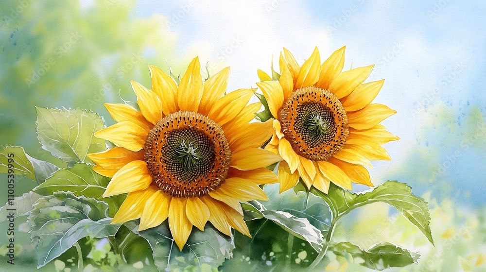 Obraz premium Vibrant Watercolor Sunflowers With Textured Leaves In A Botanical Garden Landscape