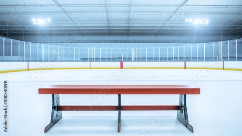 A detailed view of an ice hockey rink’s penalty box with a focus on the seating and surrounding barriers, indoor setting with artificial arena lighting, Functional style