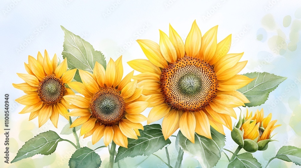 Fototapeta premium Vibrant Watercolor Sunflowers with Textured Brushstrokes and Lush Foliage