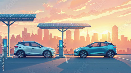 Two electric cars are charging at a solar-powered station, while protected by a canopy with the city skyline in the background