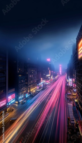 Cyberpunk Metropolis Nighttime Cityscape Long Exposure Traffic Light Trails and Urban Technology.