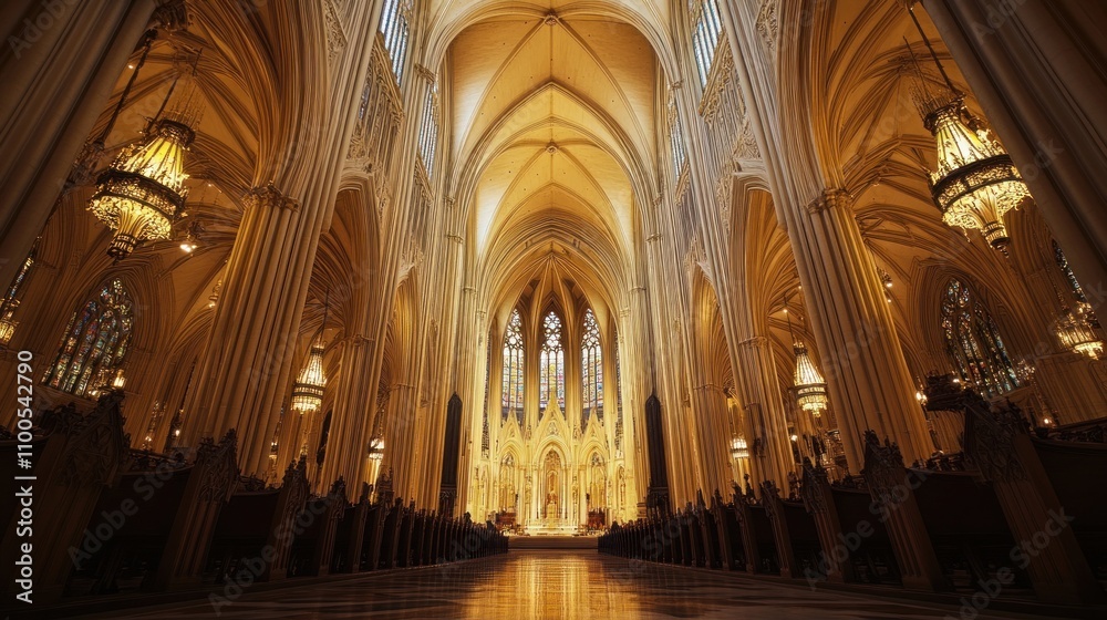 Fototapeta premium Majestic Cathedral Interior with Grand Arches and Illuminating Chandeliers Captured Elegantly