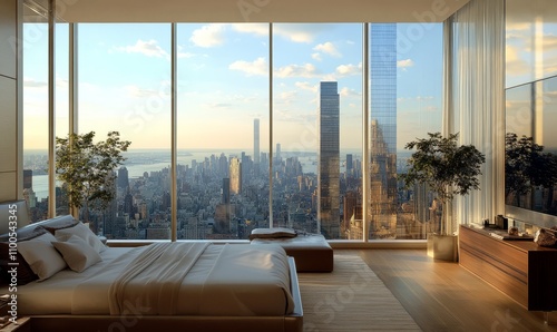 The bedroom in this luxurious apartment becomes a serene and sophisticated haven, with the massive floor-to-ceiling glass front offering breathtaking views of the glittering skyline