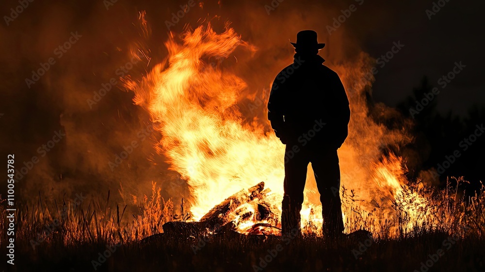 Obraz premium Silhouette of a Man Standing in Front of a Large Bonfire