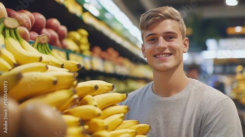 Young man assessing fruit ripeness in grocery store for healthy choices