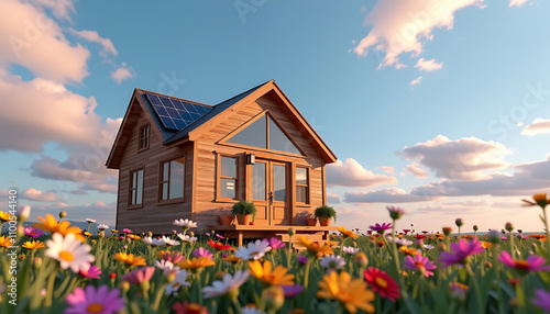 Eco-friendly wooden house solar panels spring flowers warm brown orange joyful serenity

