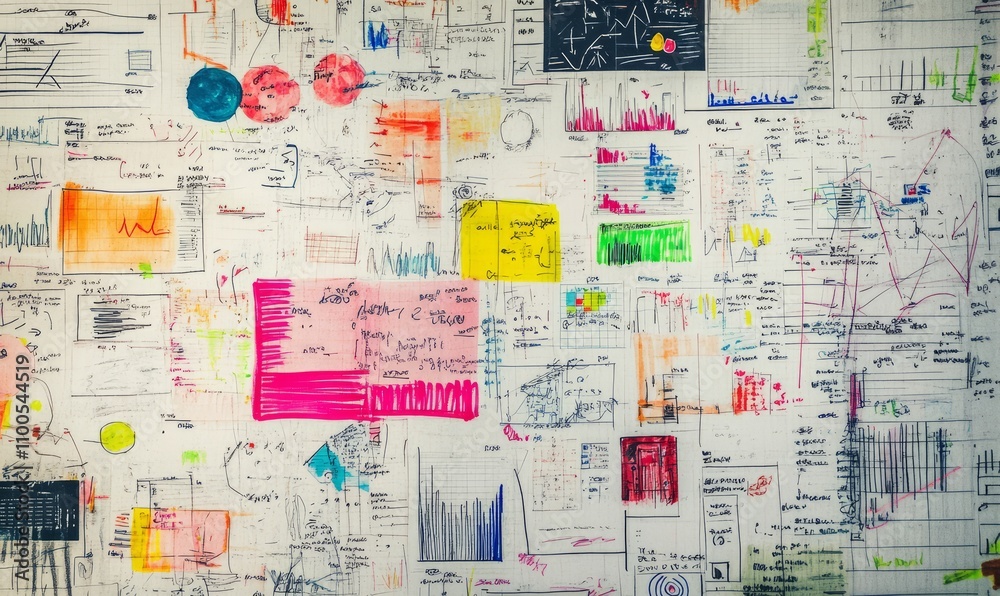 Fototapeta premium Whiteboard filled with notes summarizing key takeaways from a productive month. a whiteboard densely filled with handwritten notes