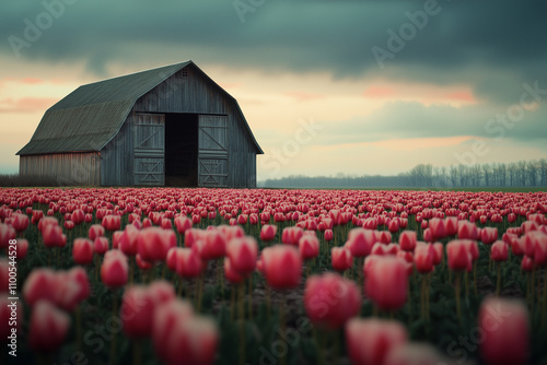 Dutch gambrel-roof barn with large hayloft doors, surrounded by tulip fields in full bloom photo