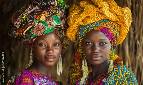 Two women dressed in vibrant traditional attire pose elegantly, highlighting their detailed headpieces and colorful clothing photo