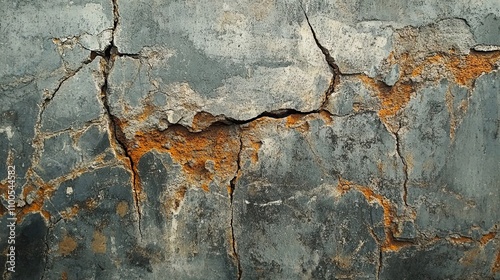 Weathered Grey Concrete Wall with Cracks and Rust